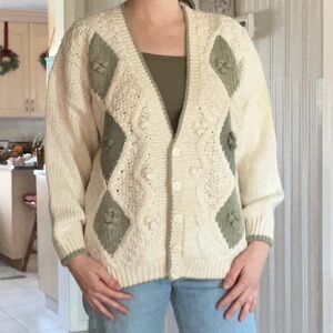 Hand Knit Chunky Cable Cardigan | Cottagecore Grandpa Cozy Cream Sage Sweater
